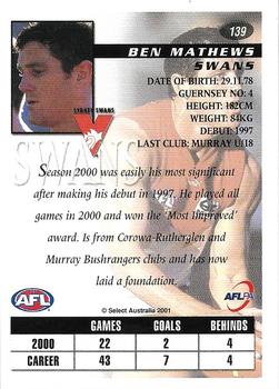 2001 Select AFL Authentic #139 Ben Mathews Back